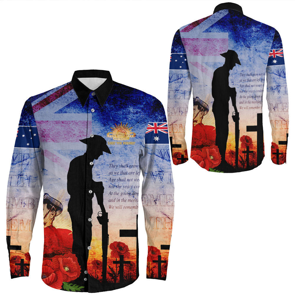 VibeHoodie Clothing - ANZAC Day Australia Soldier We Will Rememer Them Long Sleeve Button Shirt LT10 - Vibe Hoodie Shop