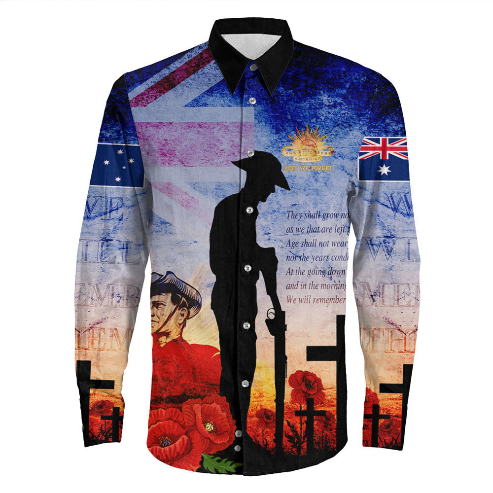 VibeHoodie Clothing - ANZAC Day Australia Soldier We Will Rememer Them Long Sleeve Button Shirt LT10 - Vibe Hoodie Shop