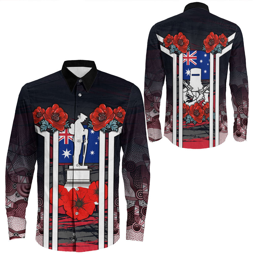 VibeHoodie Clothing - Australia ANZAC Day Poppy Aboriginal Pattern Long Sleeve Button Shirt LT10 - Vibe Hoodie Shop