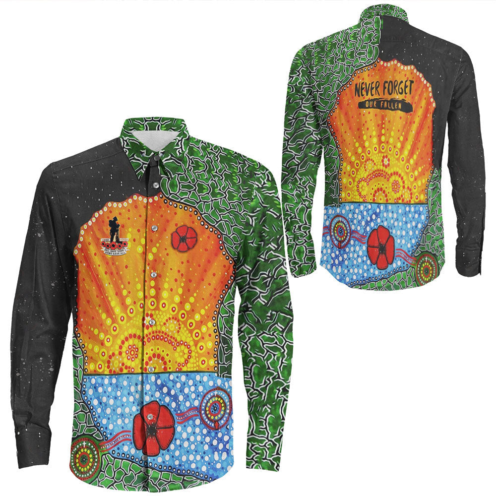 VibeHoodie Clothing - Aboriginal Australian ANZAC Day Lest We Forget Poppy Long Sleeve Button Shirt LT10 - Vibe Hoodie Shop