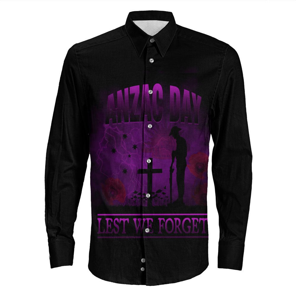 VibeHoodie Clothing - ANZAC Day Remember Australia and New Zealand Purple Long Sleeve Button Shirt LT10 - Vibe Hoodie Shop