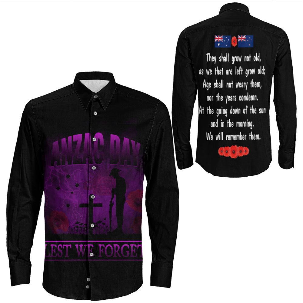 VibeHoodie Clothing - ANZAC Day Remember Australia and New Zealand Purple Long Sleeve Button Shirt LT10 - Vibe Hoodie Shop