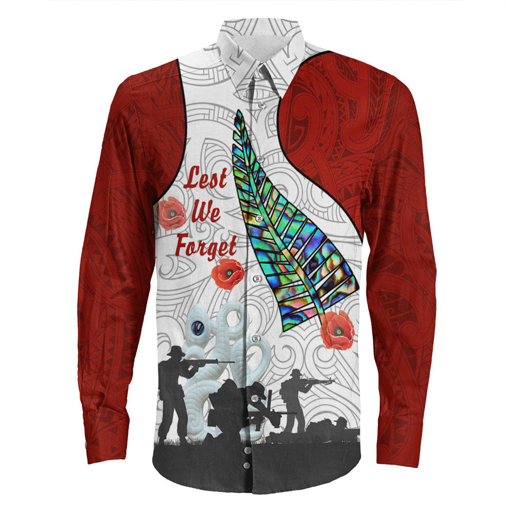 VibeHoodie Clothing - (Custom) New Zealand ANZAC Fern and Maori Long Sleeve Button Shirt LT10 - Vibe Hoodie Shop