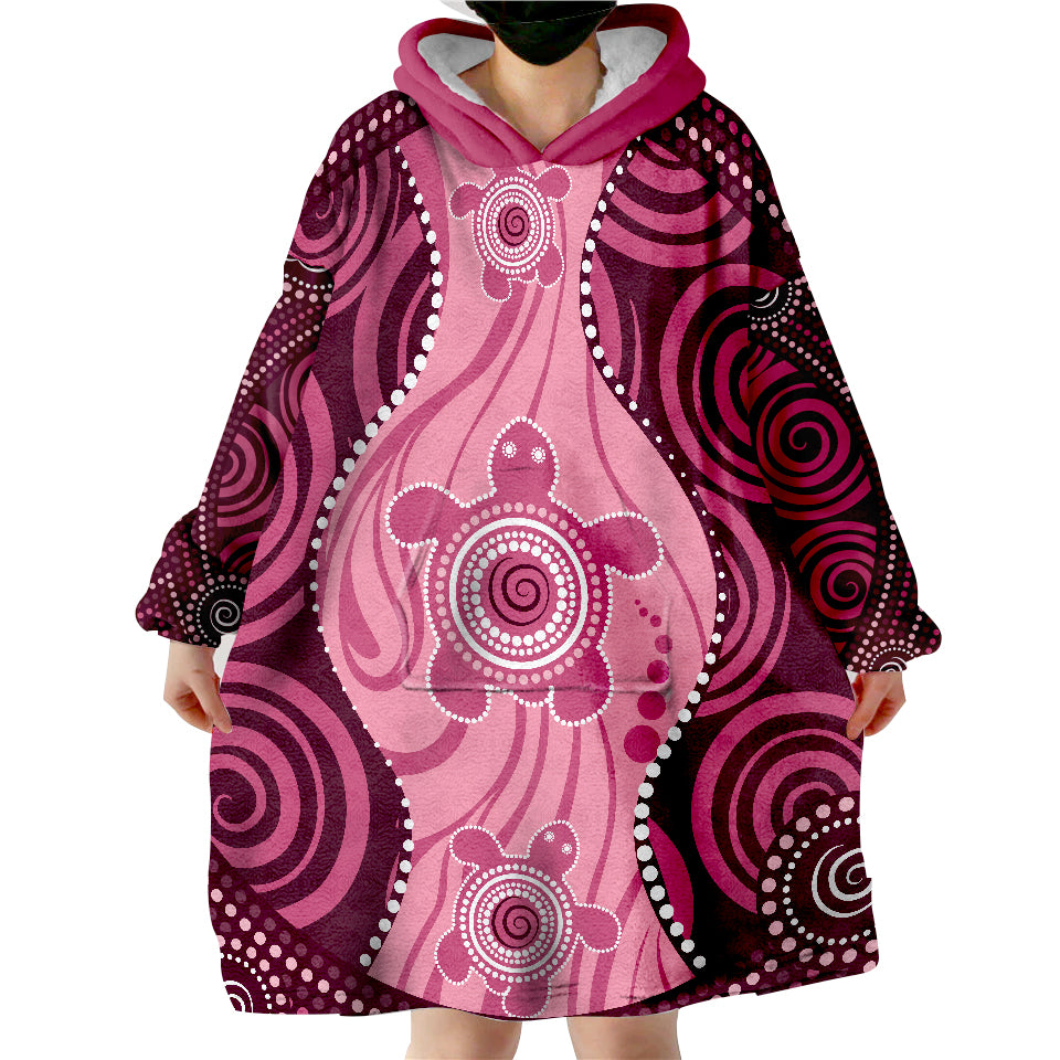 Aboriginal Dot Art Painting With Turtle - Pink Wearable Blanket Hoodie - Vibe Hoodie Shop