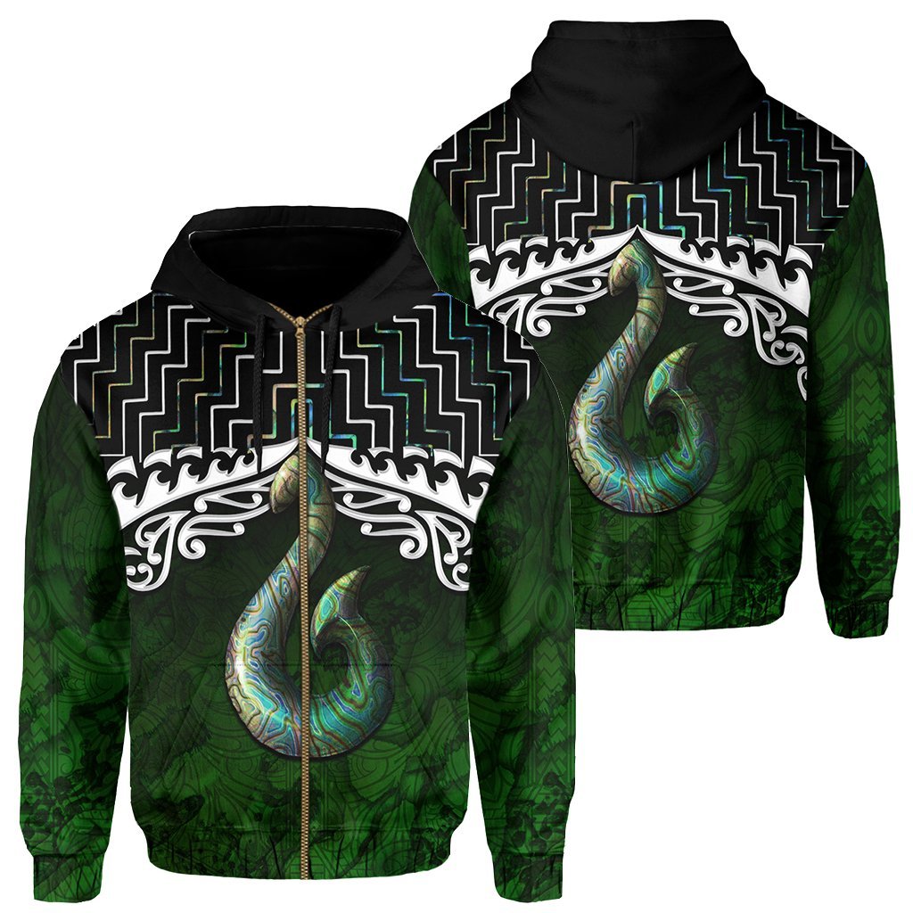 New Zealand Maori Zip Up Hoodie, Poutama Hei Matau Paua Shell Zipper Hoodie - Vibe Hoodie Shop