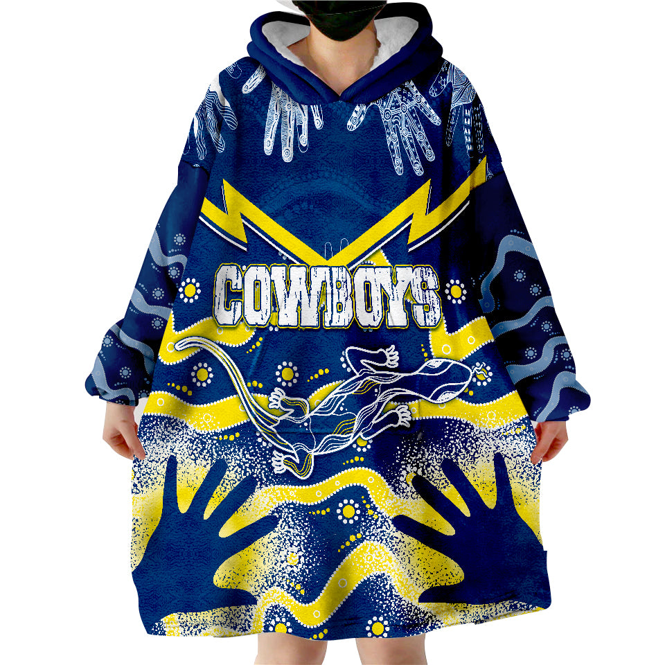 Personalised Cowboys Rugby Indigenous Lizard Mix Hand Stencils Wearable Blanket Hoodie - Vibe Hoodie Shop