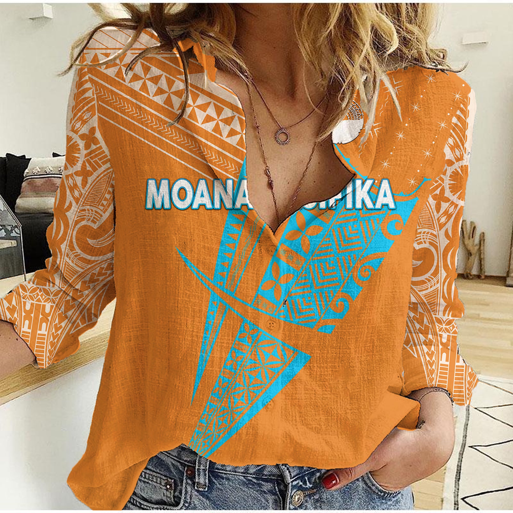 Moana Pasifika Super Rugby Tapa Pacific Island Original - Orange Women Casual Shirt - Vibe Hoodie Shop