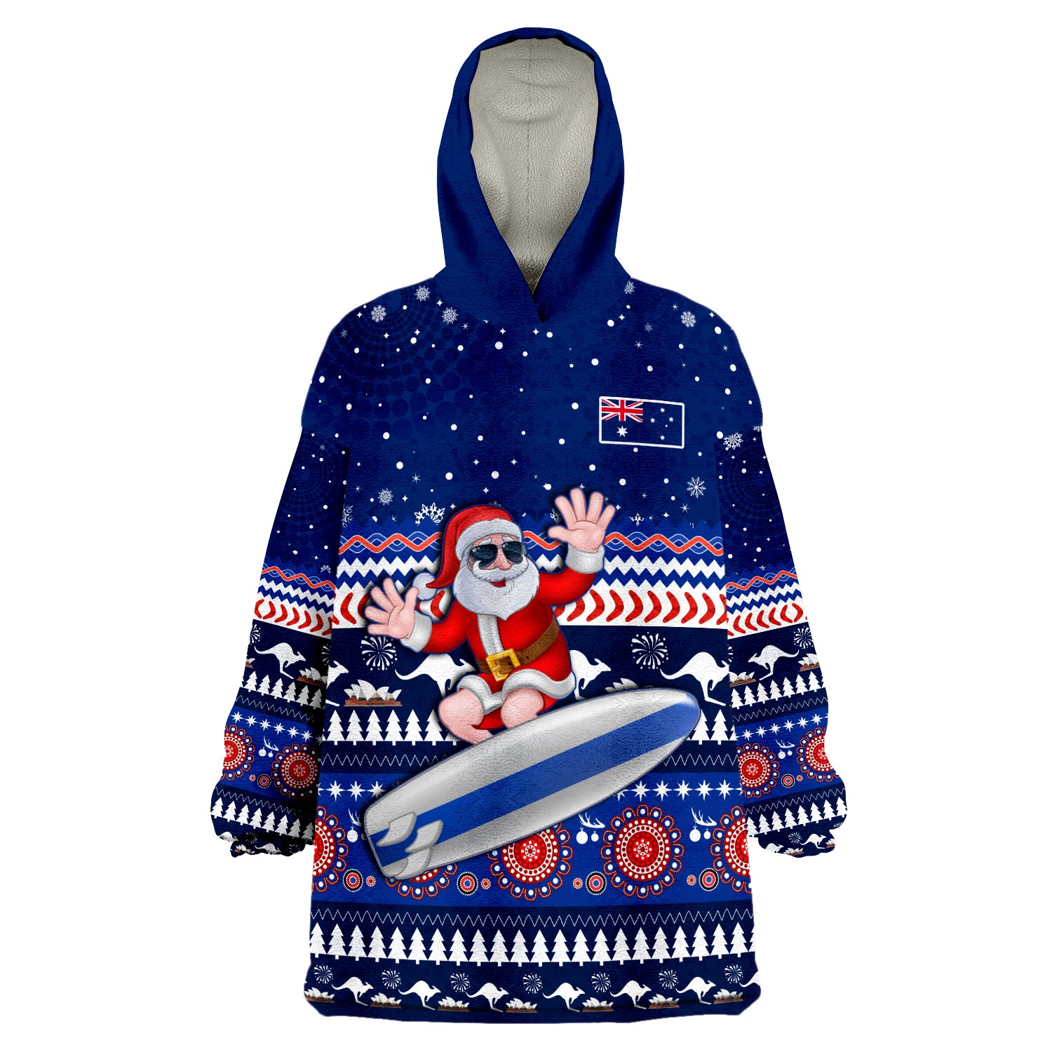 (Custom Personalised) Australia Christmas Aussie Aboriginal Santa Claus is Surfing with Kangaroo Wearable Blanket Hoodie - Vibe Hoodie Shop