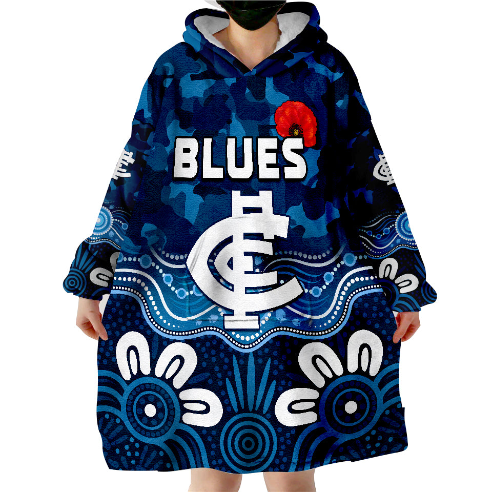 Blues ANZAC 2022 Carlton Football Aboriginal Poppy Wearable Blanket Hoodie - Vibe Hoodie Shop