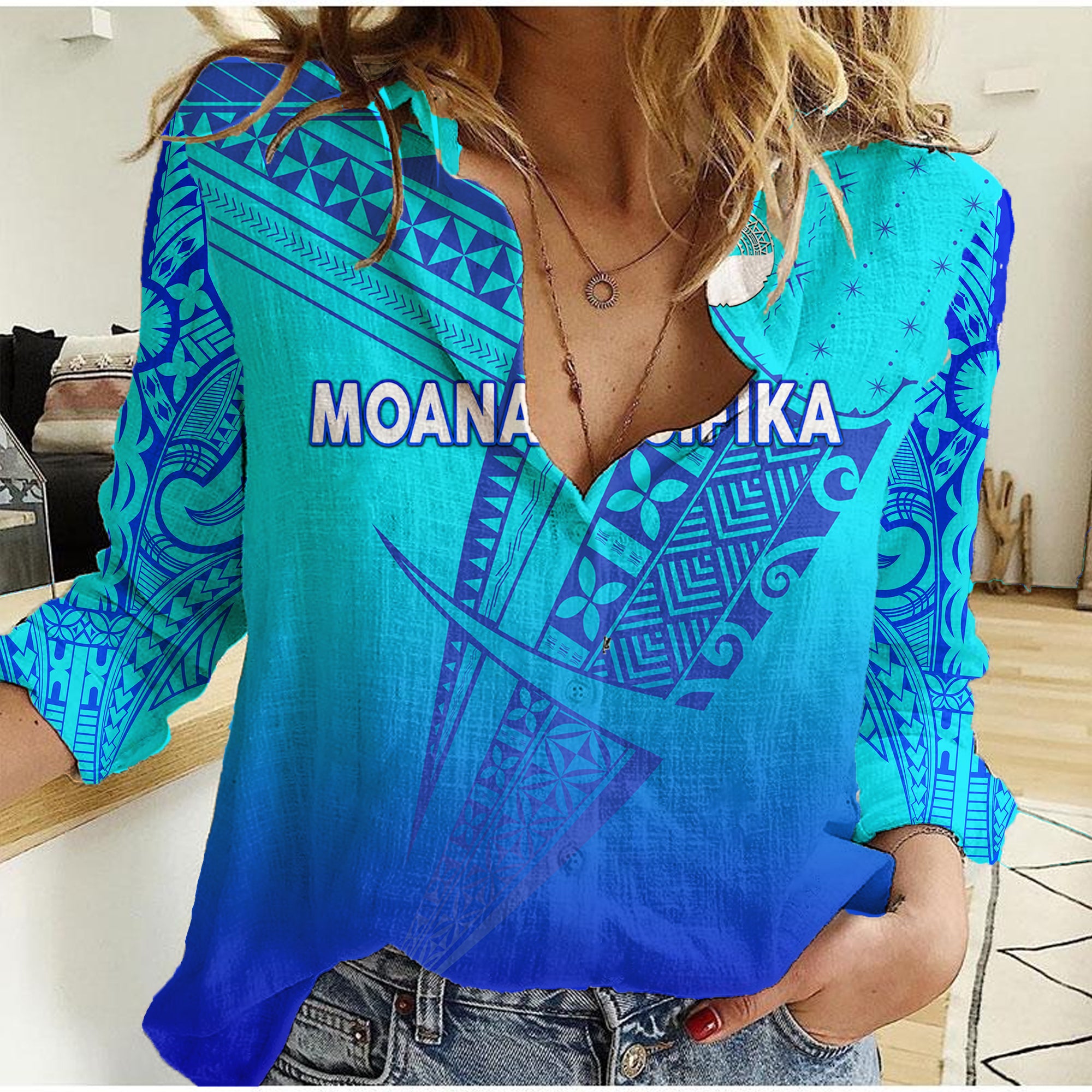 Moana Pasifika Super Rugby Tapa Pacific Island Tapa Original - Blue Women Casual Shirt - Vibe Hoodie Shop
