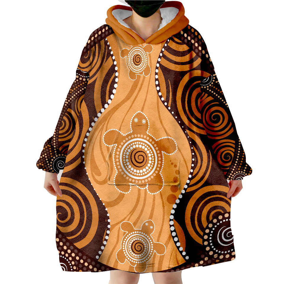 Aboriginal Dot Art Painting With Turtle - Orange Wearable Blanket Hoodie - Vibe Hoodie Shop