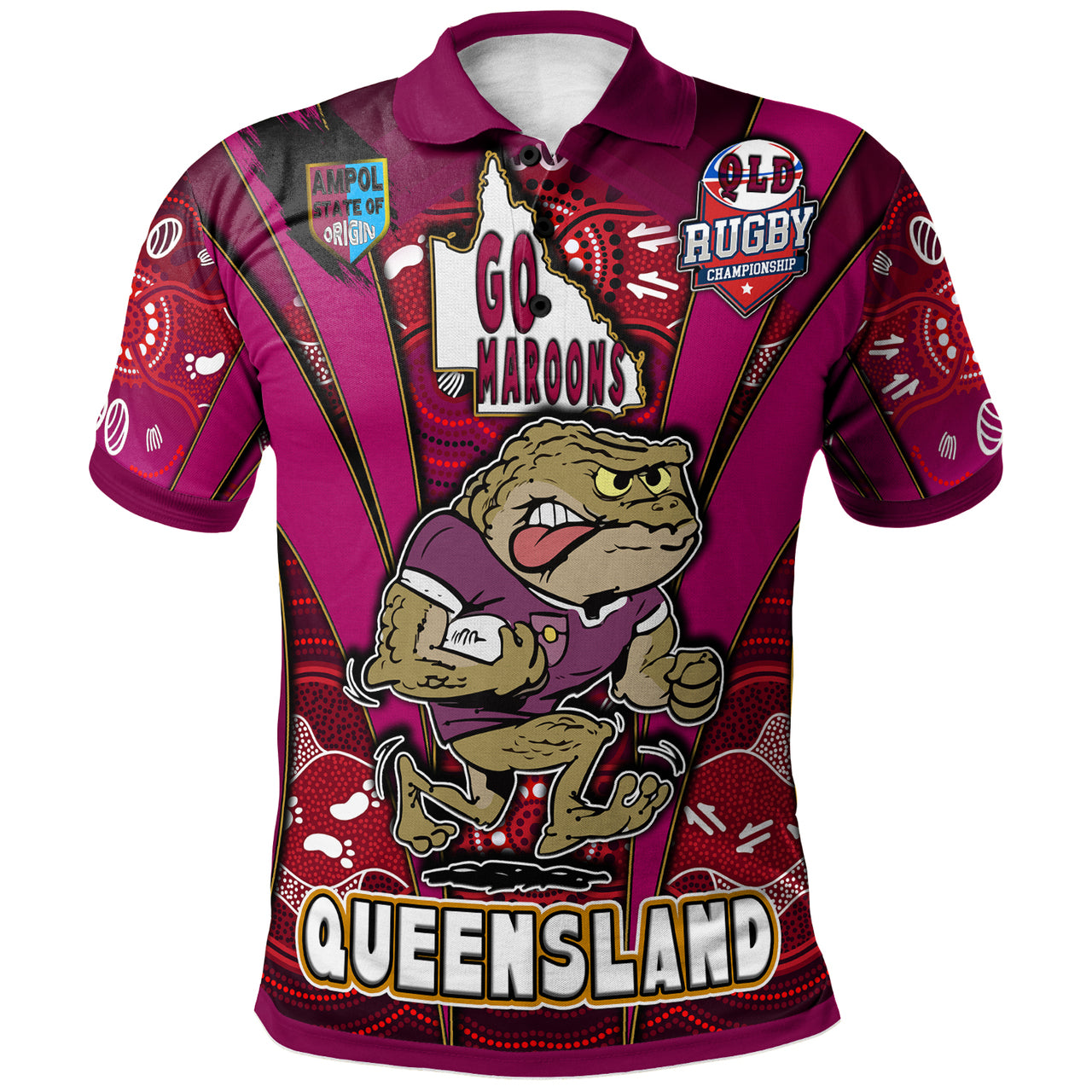 Custom Queensland Maroons Mascot With Aboriginal Art STATE OF ORIGIN Polo Shirt RLT12 - Vibe Hoodie Shop