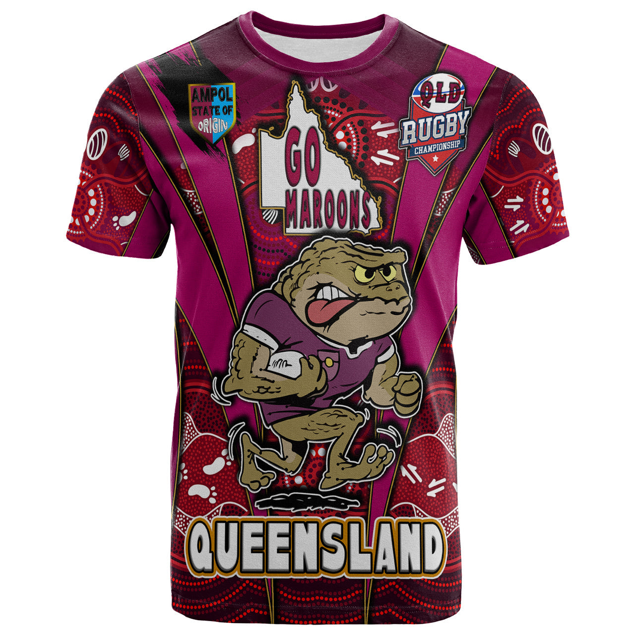 Custom Queensland Maroons Mascot With Aboriginal Art STATE OF ORIGIN T shirt RLT12 - Vibe Hoodie Shop