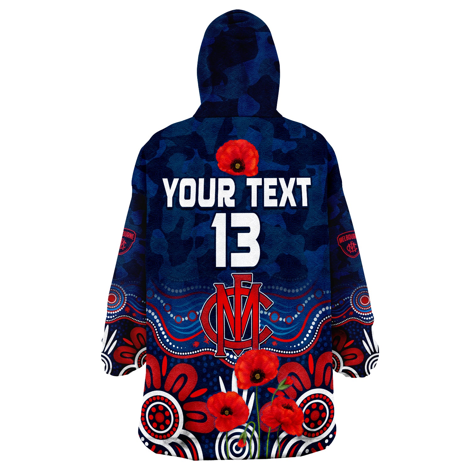 (Custom Text and Number) Demons ANZAC 2022 Melbourne Football Aboriginal Poppy Wearable Blanket Hoodie - Vibe Hoodie Shop