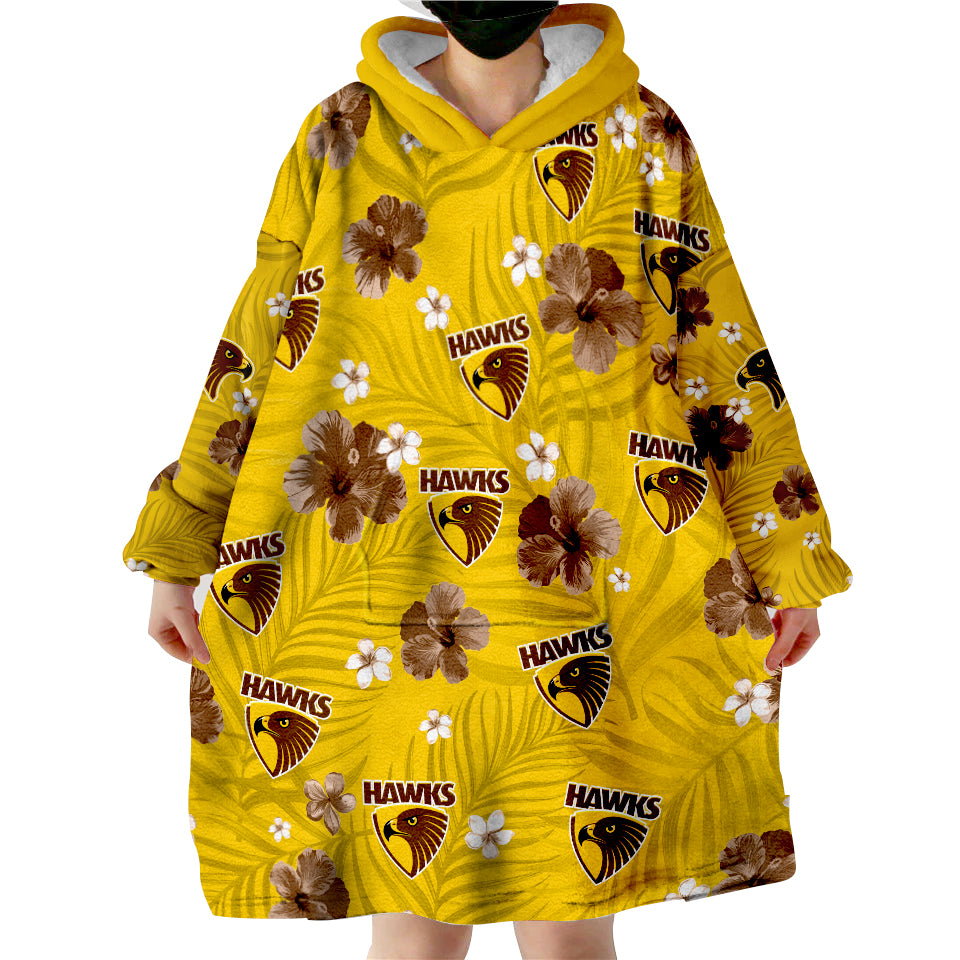 (Custom Personalised) Hawks Football Hawthorn Premiers Tropical Flowers Simple Wearable Blanket Hoodie - Vibe Hoodie Shop