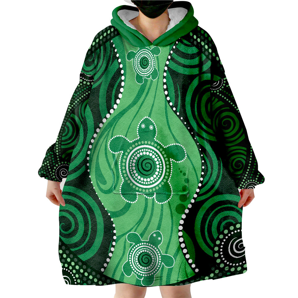 Aboriginal Dot Art Painting With Turtle - Green Wearable Blanket Hoodie - Vibe Hoodie Shop