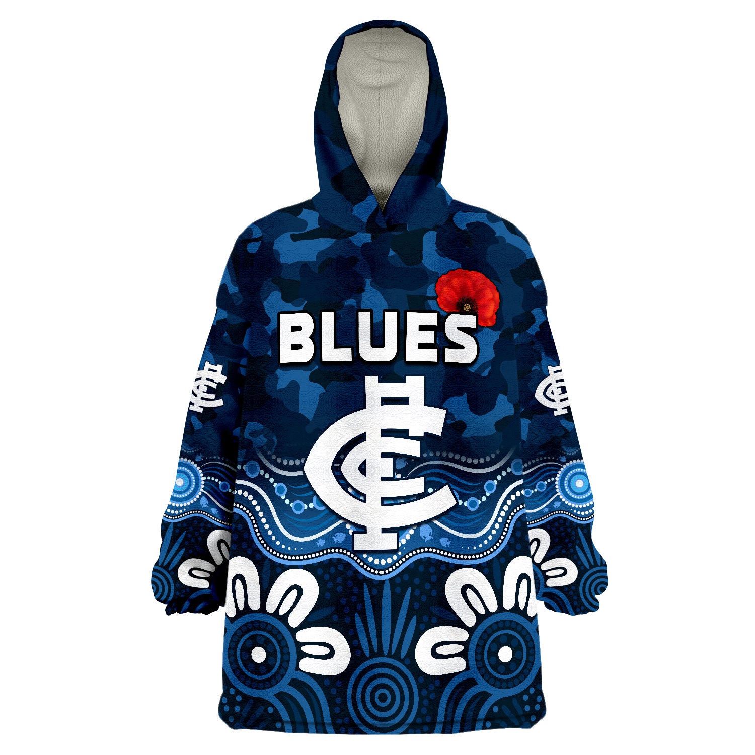 Blues ANZAC 2022 Carlton Football Aboriginal Poppy Wearable Blanket Hoodie - Vibe Hoodie Shop