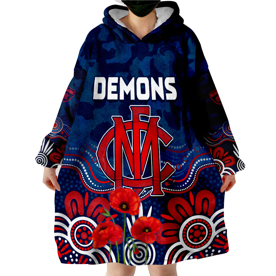 (Custom Text and Number) Demons ANZAC 2022 Melbourne Football Aboriginal Poppy Wearable Blanket Hoodie - Vibe Hoodie Shop