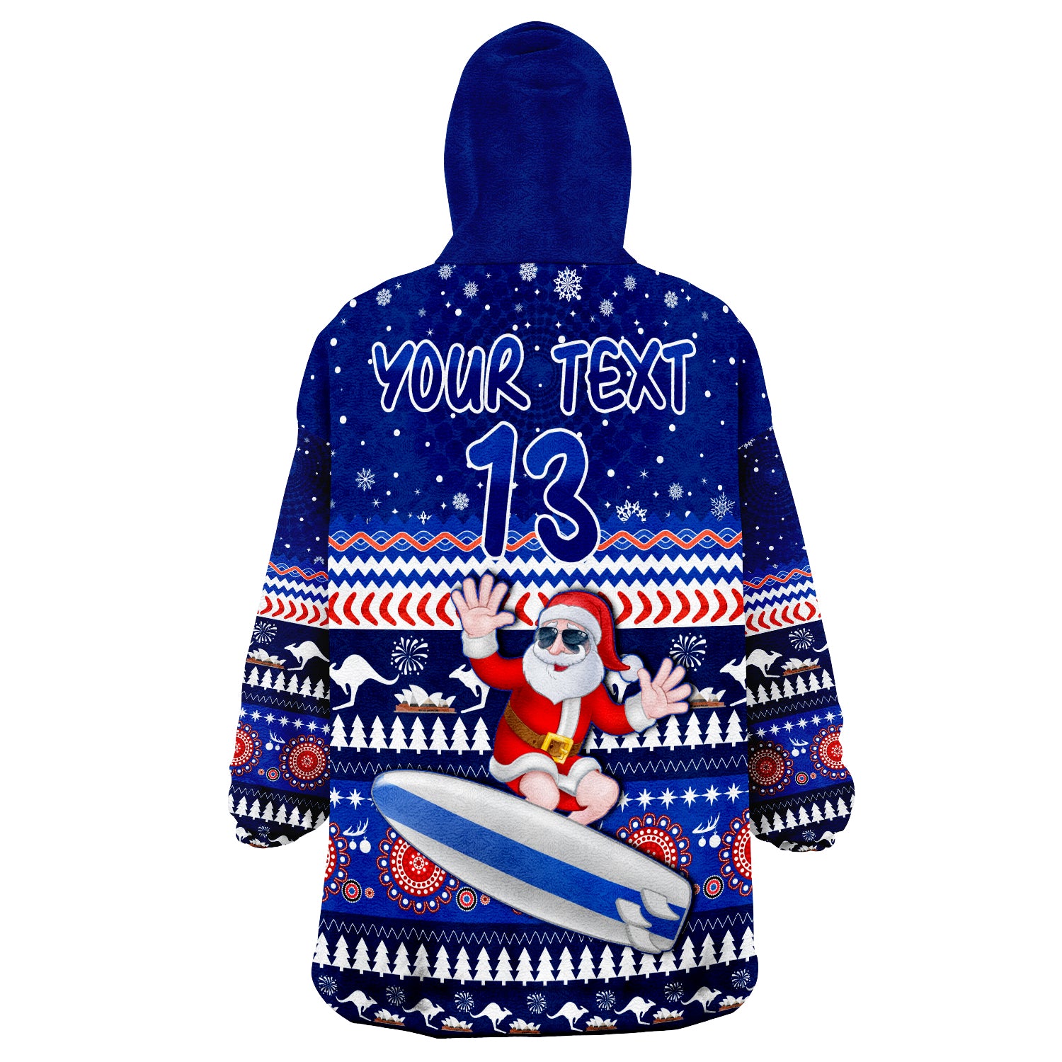 (Custom Text and Number) Australia Christmas Aussie Aboriginal Santa Claus is Surfing with Kangaroo Wearable Blanket Hoodie - Vibe Hoodie Shop