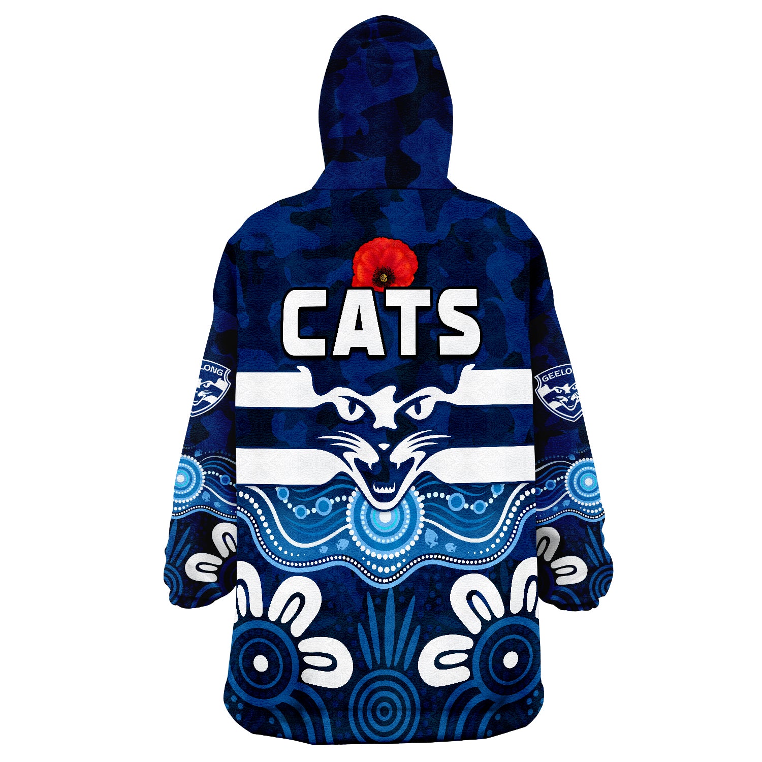 Cats ANZAC 2022 Geelong Football Aboriginal Poppy Wearable Blanket Hoodie - Vibe Hoodie Shop