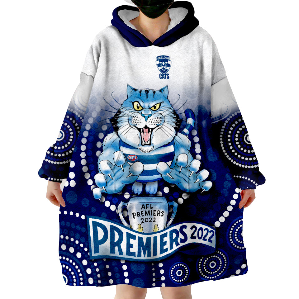 (Custom Text and Number) Cats Football Aboriginal Australian Premiers 2022 Proud Geelong Cartoon Wearable Blanket Hoodie - Vibe Hoodie Shop