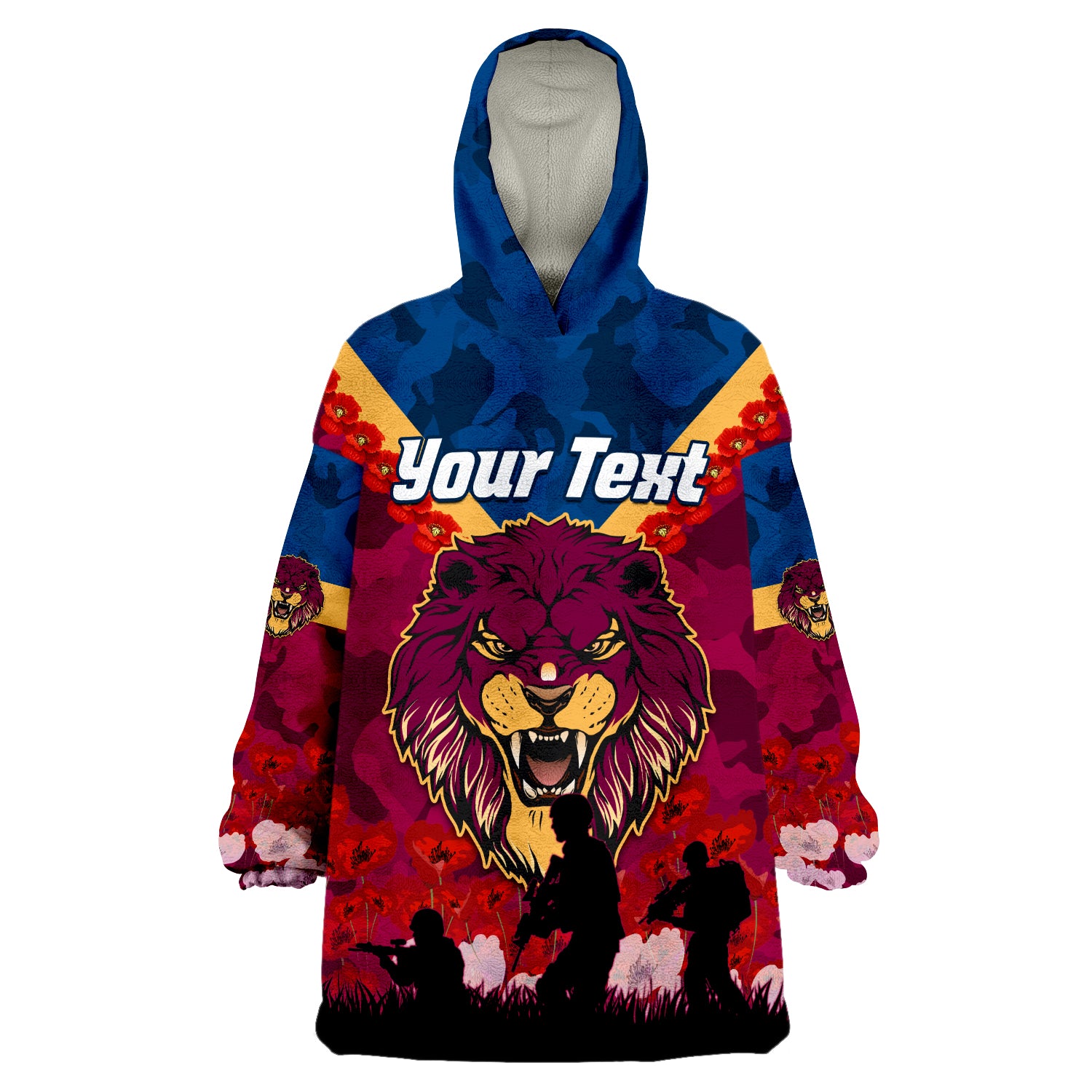 (Custom Personalised) Lions ANZAC 2022 Brisbane Brissie Poppy Flowers Wearable Blanket Hoodie - Vibe Hoodie Shop