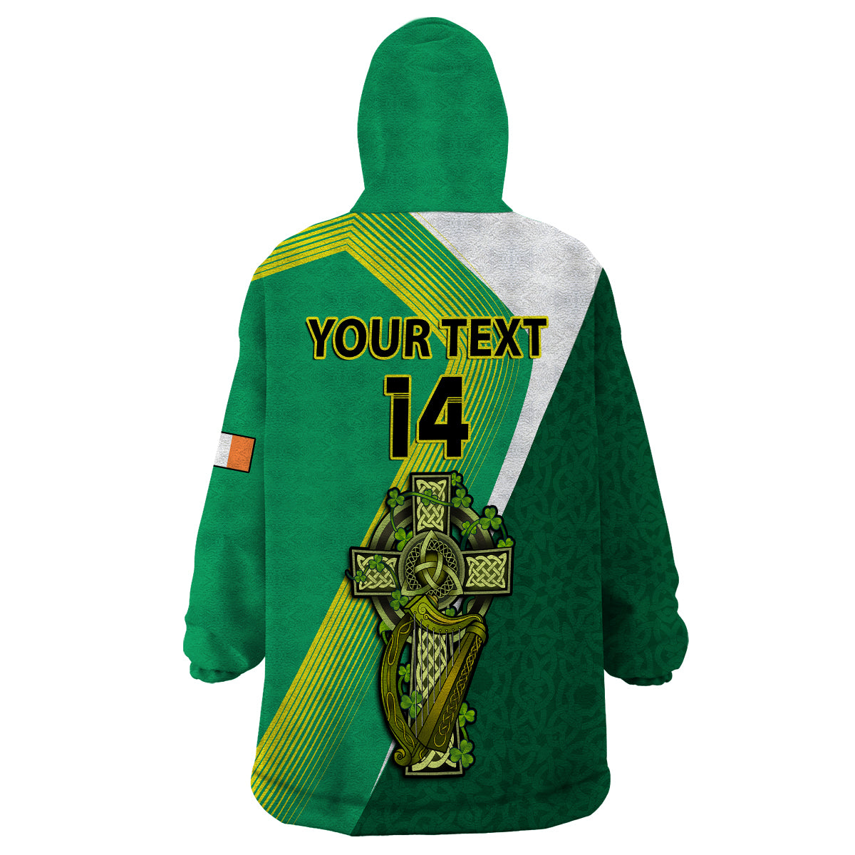 (Custom Text And Number) Ireland Rugby 7s Celtic Cross Shamrock Wearable Blanket Hoodie - Vibe Hoodie Shop