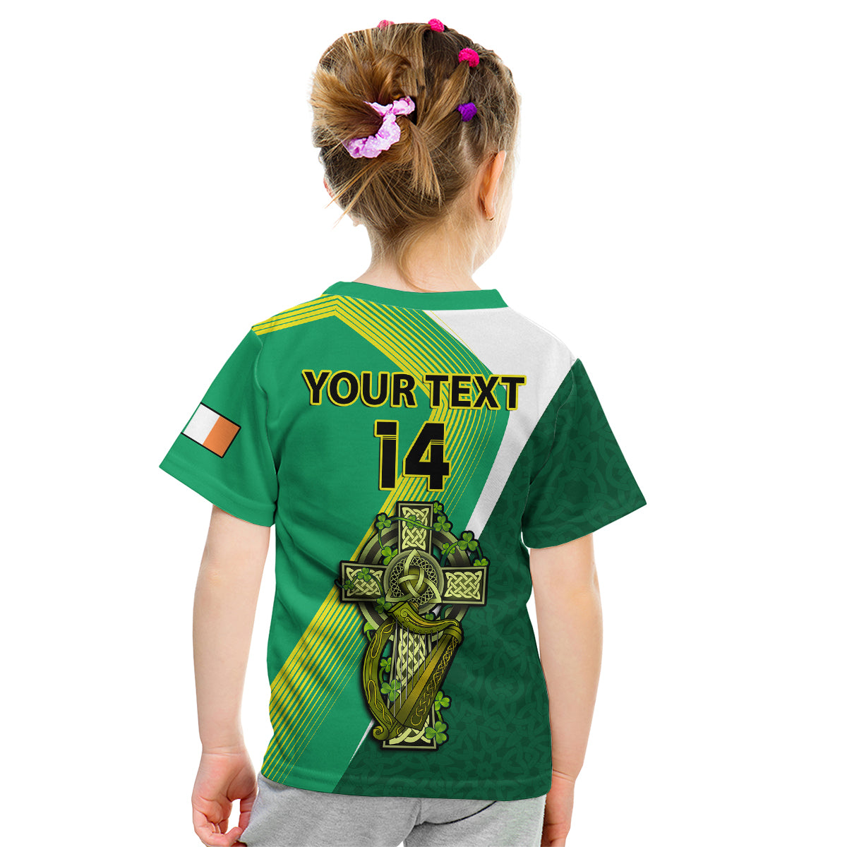 (Custom Text And Number) Ireland Rugby 7s Celtic Cross Shamrock Kid T Shirt - Vibe Hoodie Shop