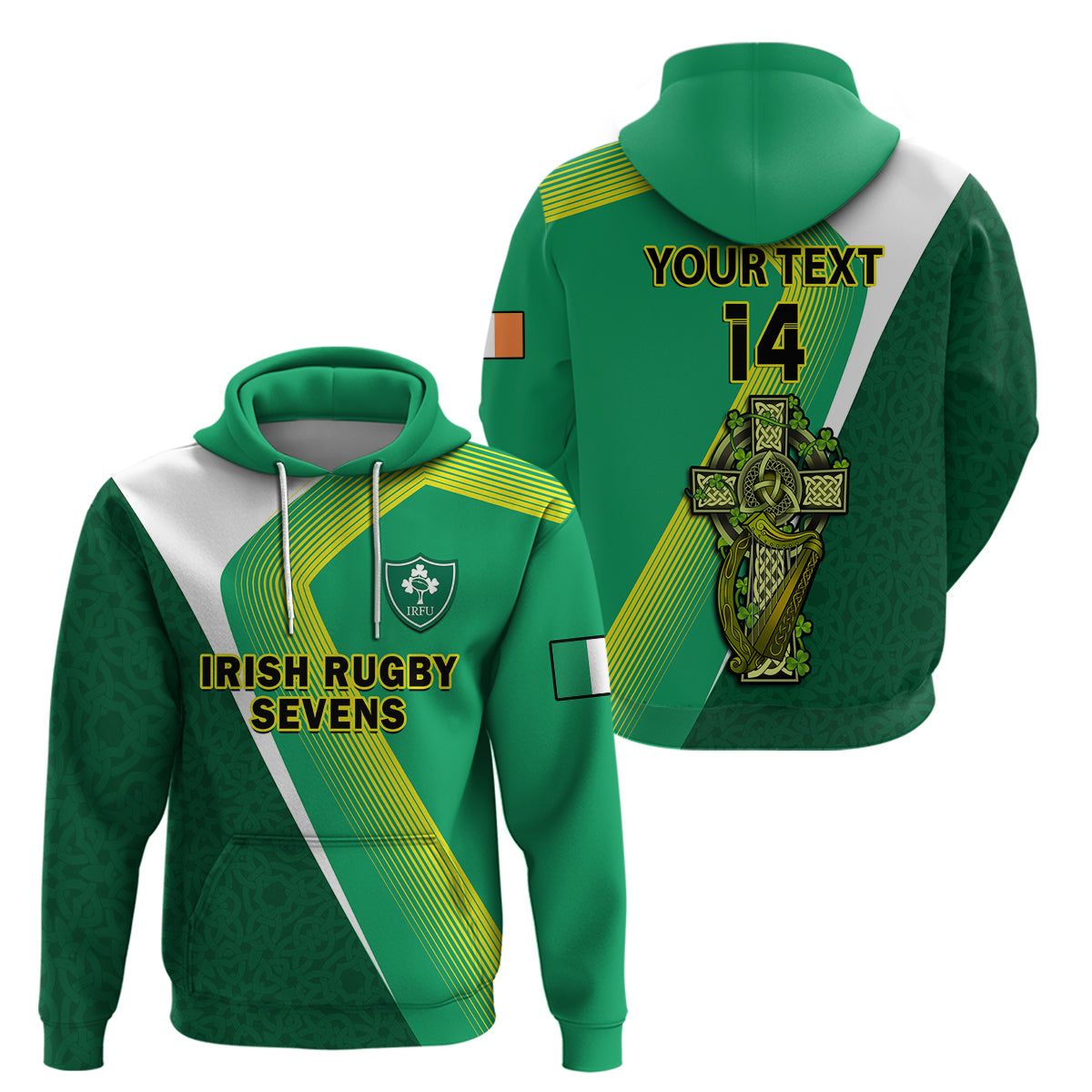 (Custom Text And Number) Ireland Rugby 7s Celtic Cross Shamrock Hoodie - Vibe Hoodie Shop