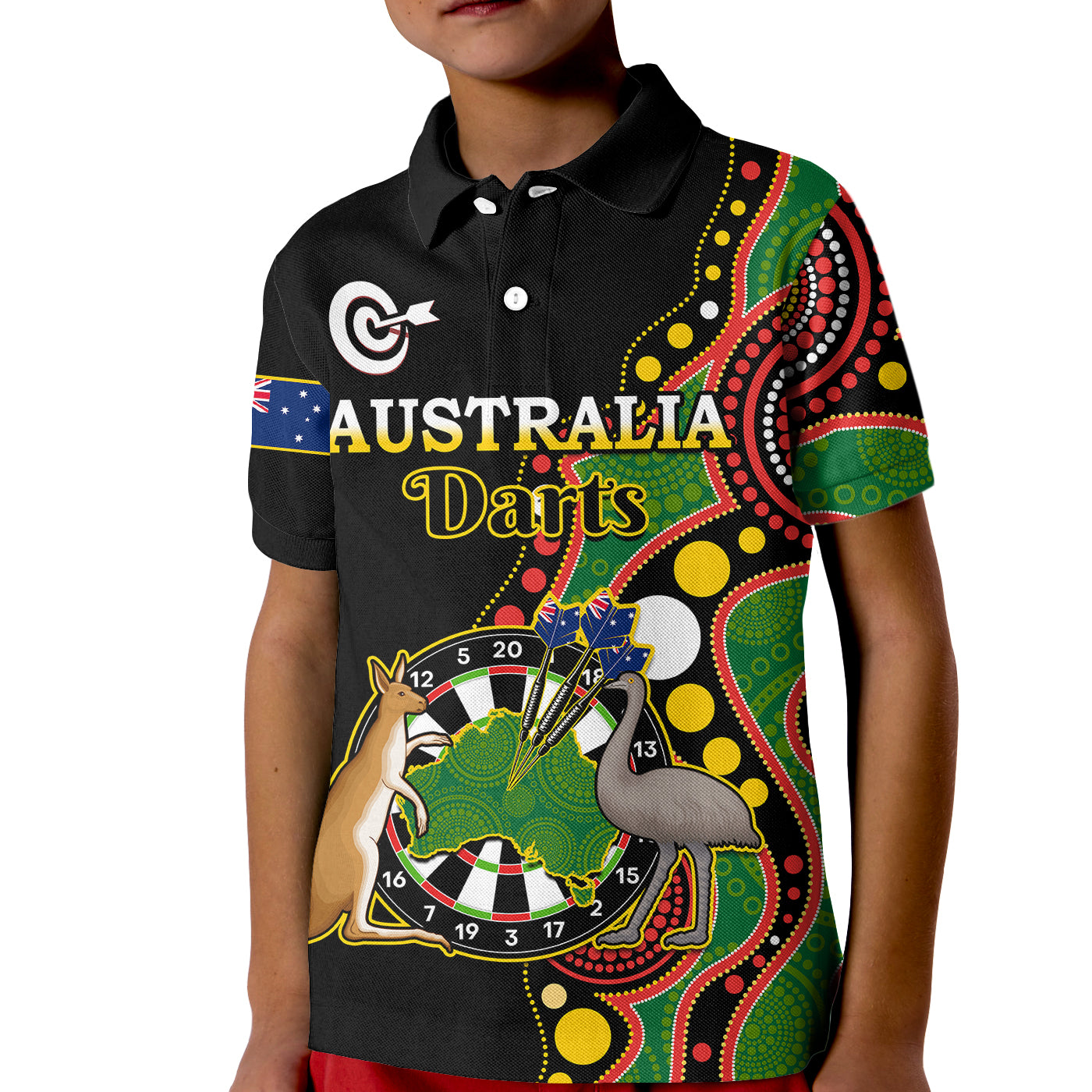 (Custom Personalised) Australia Darts Indigenous Art Mix Kangaroo And Emu Kid Polo Shirt - Vibe Hoodie Shop