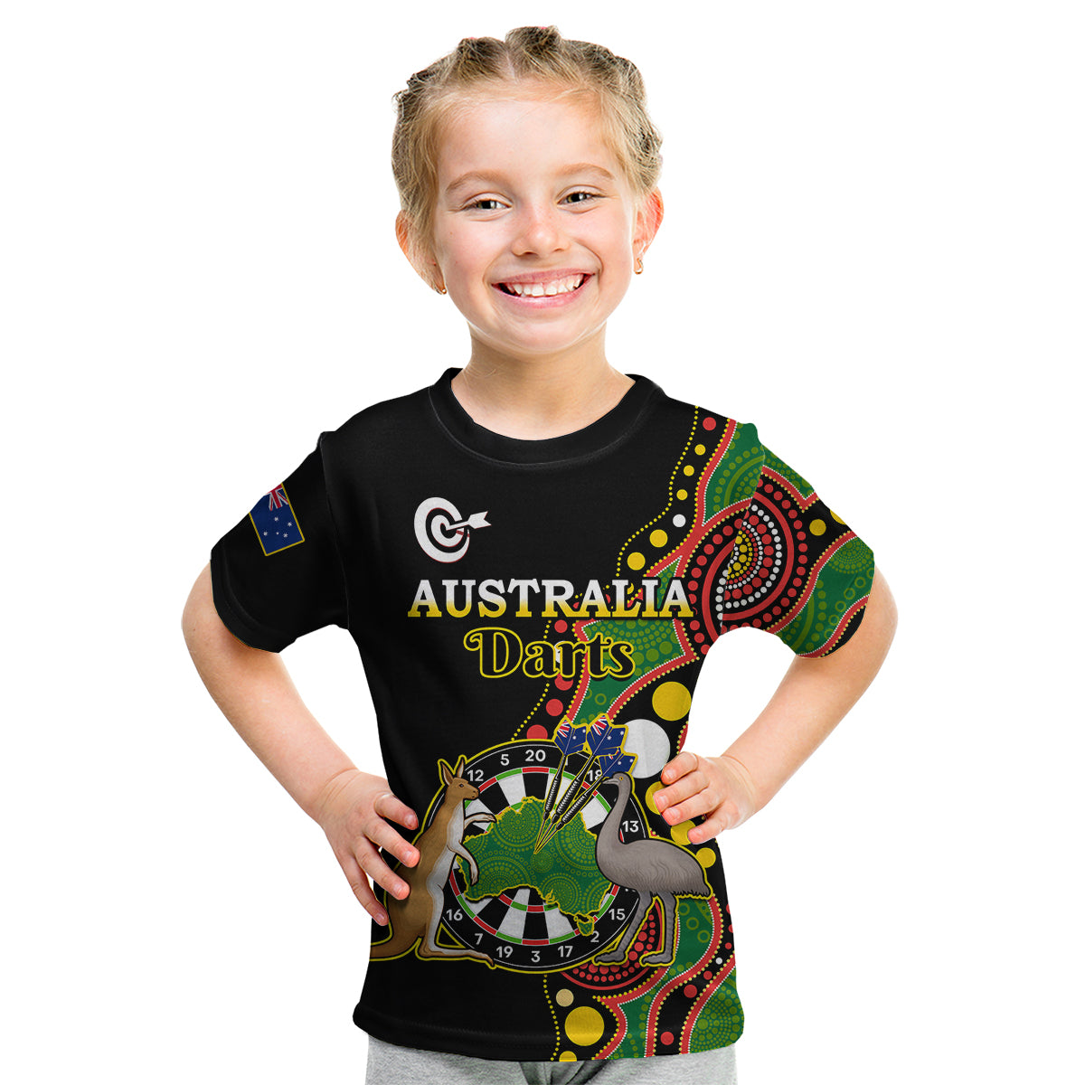 (Custom Personalised) Australia Darts Indigenous Art Mix Kangaroo And Emu Kid T Shirt - Vibe Hoodie Shop