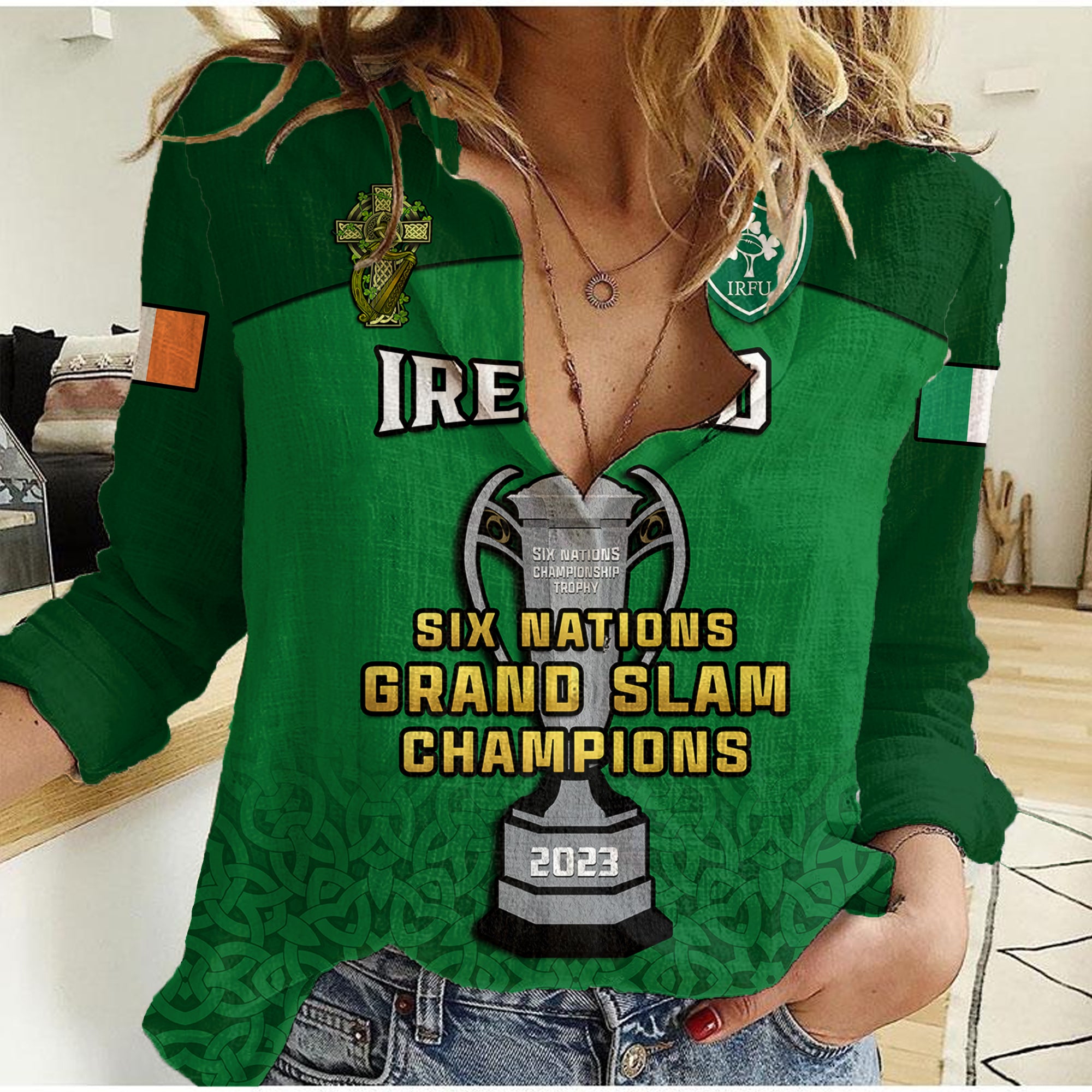 (Custom Text And Number) Ireland Rugby 2023 Champions Six Nations Irish Proud Women Casual Shirt - Vibe Hoodie Shop