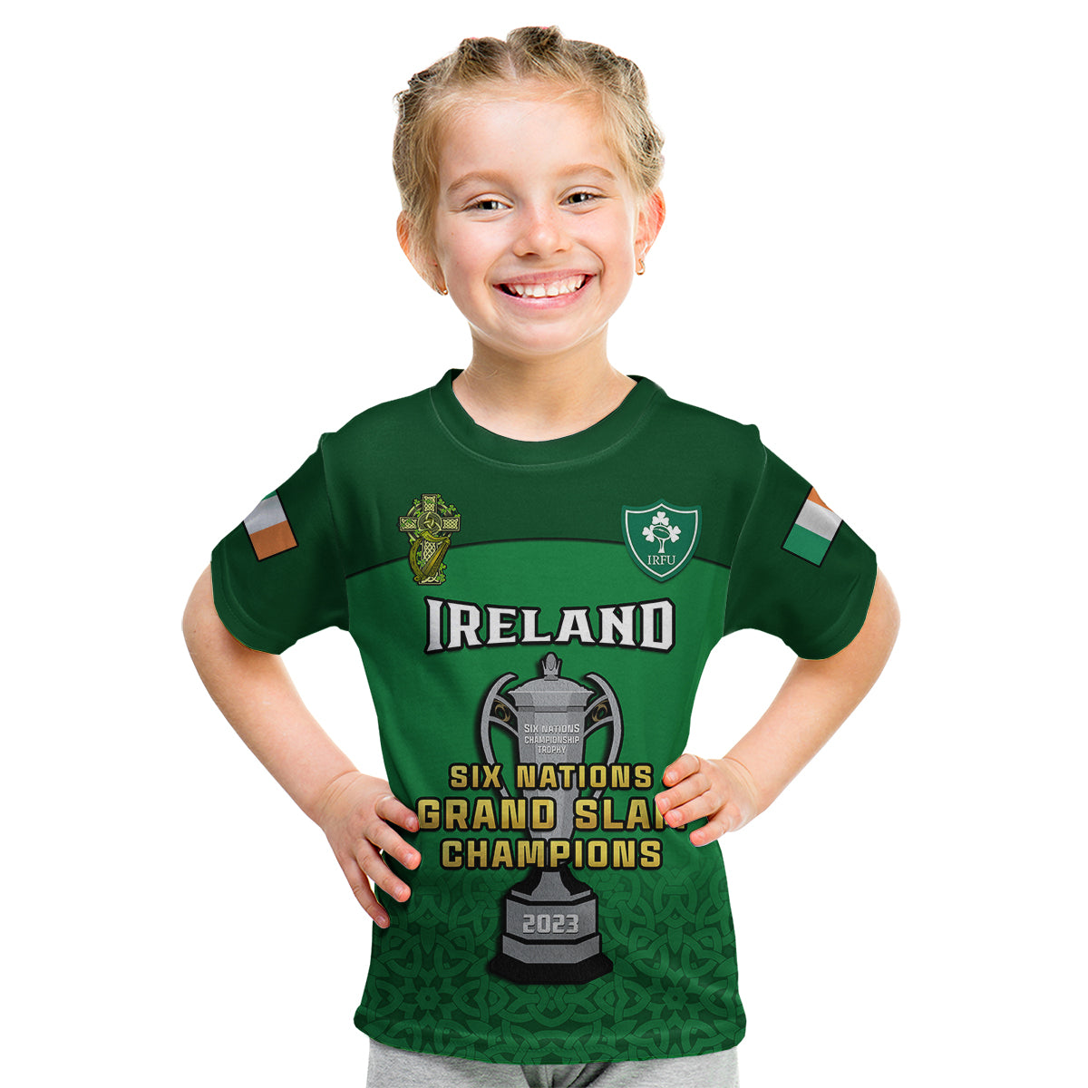 (Custom Text And Number) Ireland Rugby 2023 Champions Six Nations Irish Proud Kid T Shirt - Vibe Hoodie Shop