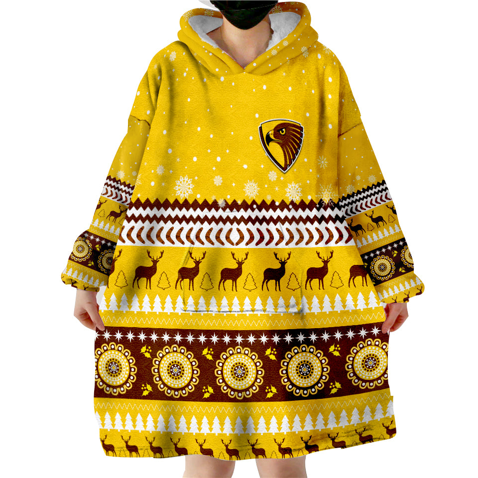 (Custom Personalised) Hawks Christmas Indigenous Hawthorn Football Wearable Blanket Hoodie - Vibe Hoodie Shop