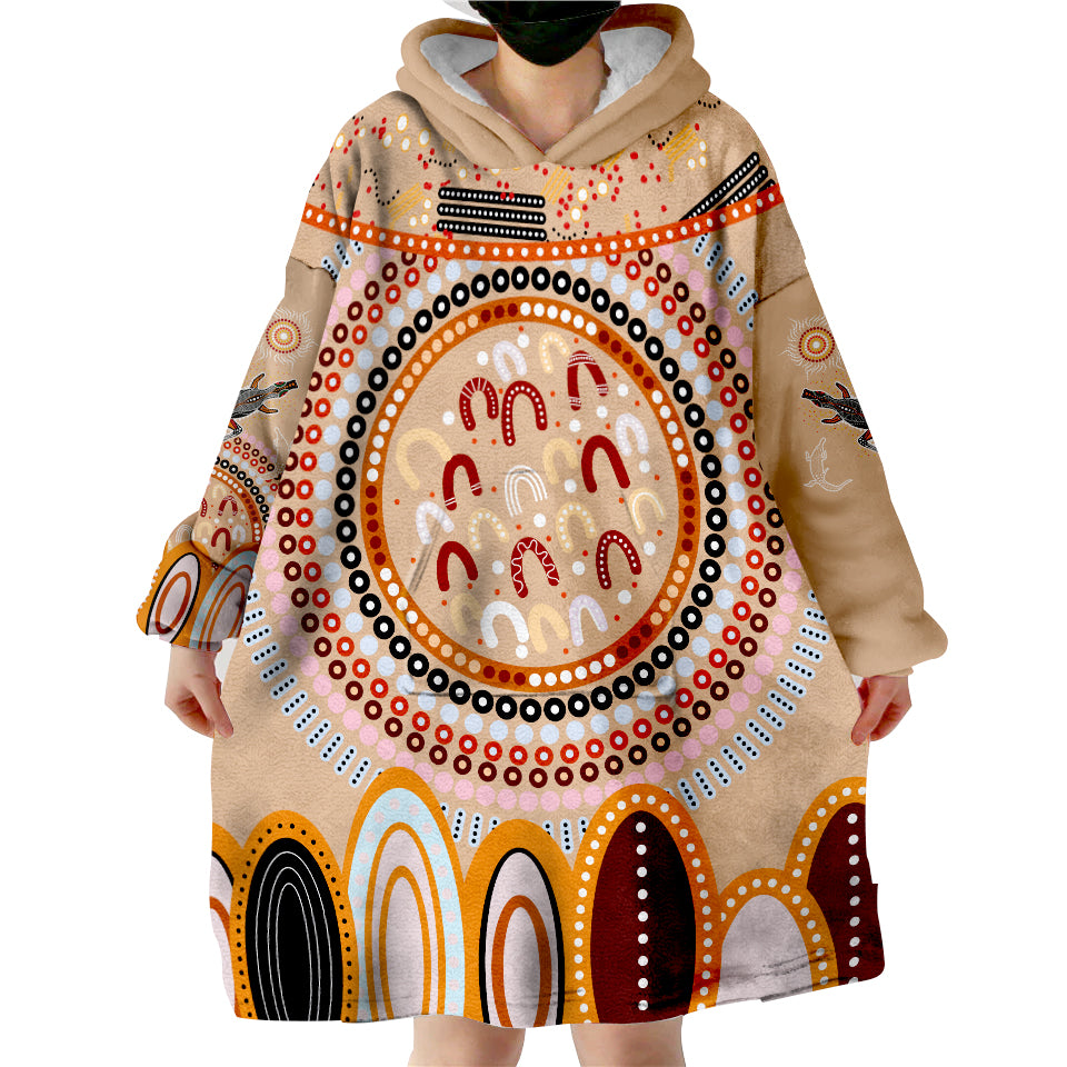 (Custom Text and Number) Aboriginal Stand Up Circle Dot with Lizard Version PeachPuff Wearable Blanket Hoodie - Vibe Hoodie Shop