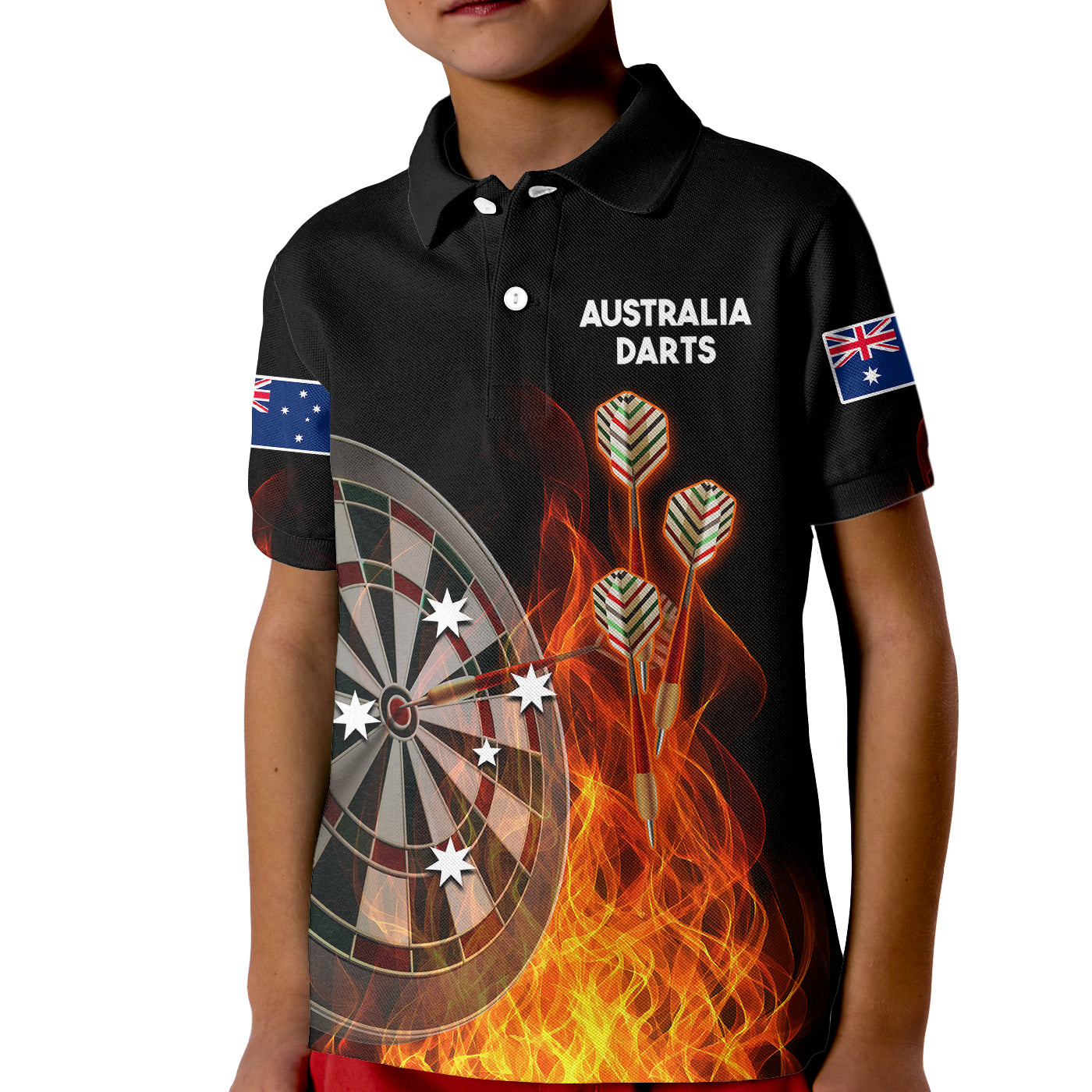 (Custom Personalised) Australia Darts Fire Burning Black Style Kid Polo Shirt - Vibe Hoodie Shop