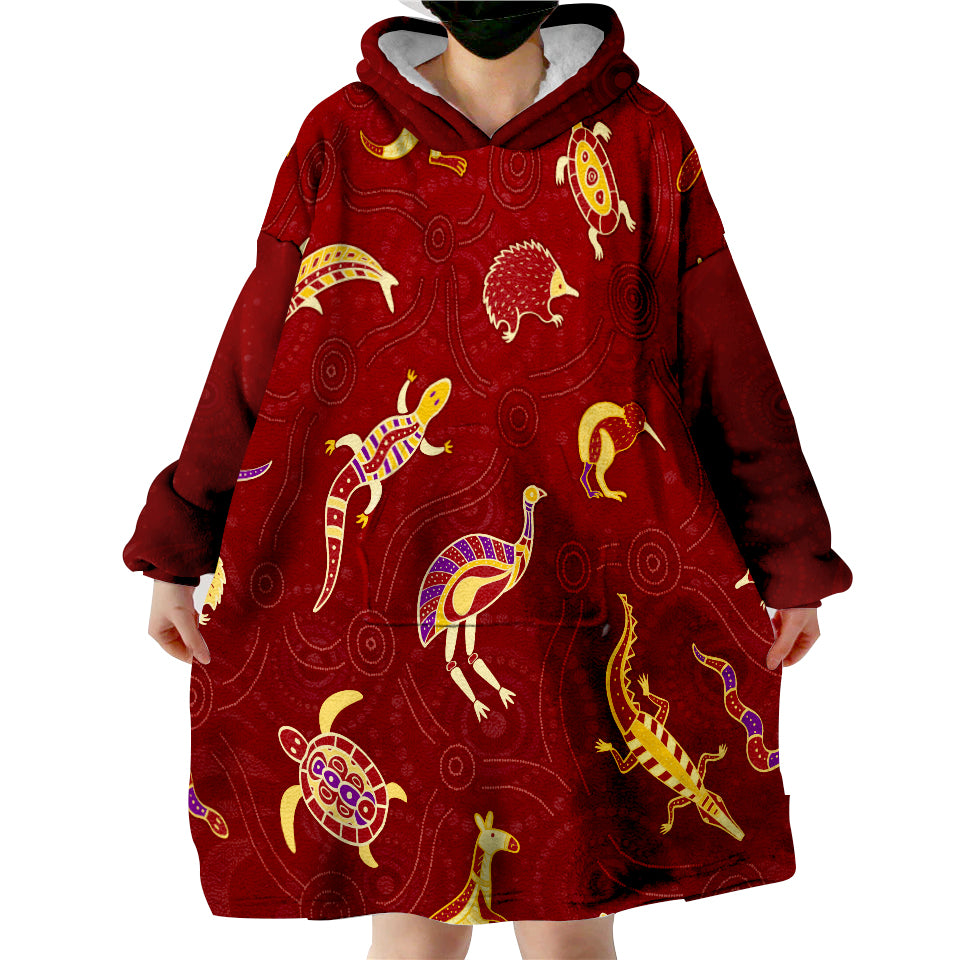 (Custom Personalised) Aboriginal Art Animals Australia Version Maroon Wearable Blanket Hoodie - Vibe Hoodie Shop