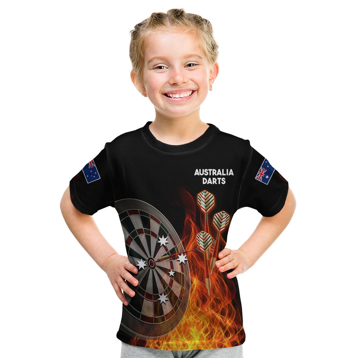 (Custom Personalised) Australia Darts Fire Burning Black Style Kid T Shirt - Vibe Hoodie Shop