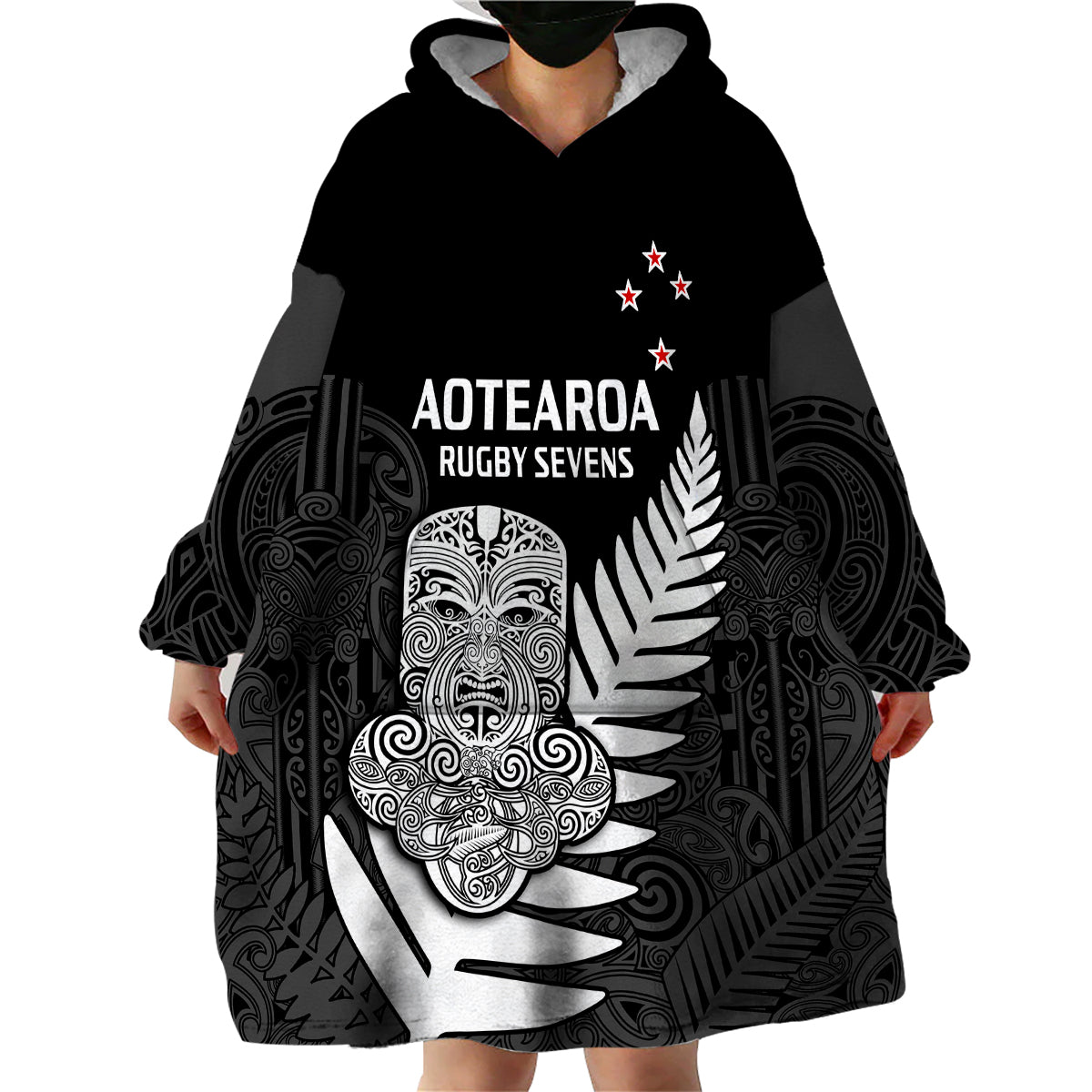 (Custom Text And Number) Aotearoa Rugby Sevens All Black Tiki Fern Wearable Blanket Hoodie - Vibe Hoodie Shop
