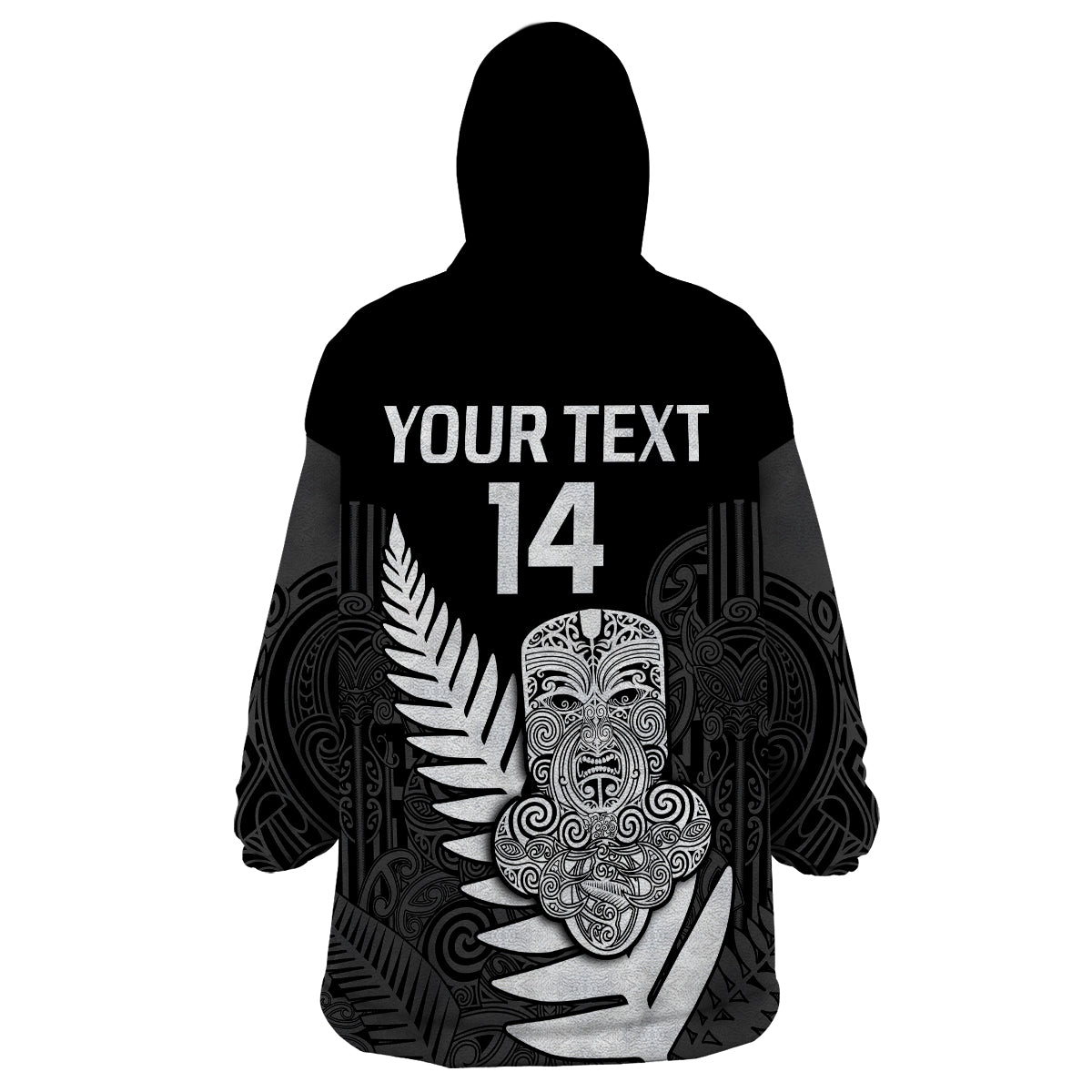 (Custom Text And Number) Aotearoa Rugby Sevens All Black Tiki Fern Wearable Blanket Hoodie - Vibe Hoodie Shop