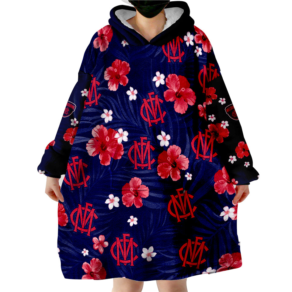 (Custom Personalised) Demons Football Melbourne Premiers Tropical Flowers Simple Wearable Blanket Hoodie - Vibe Hoodie Shop