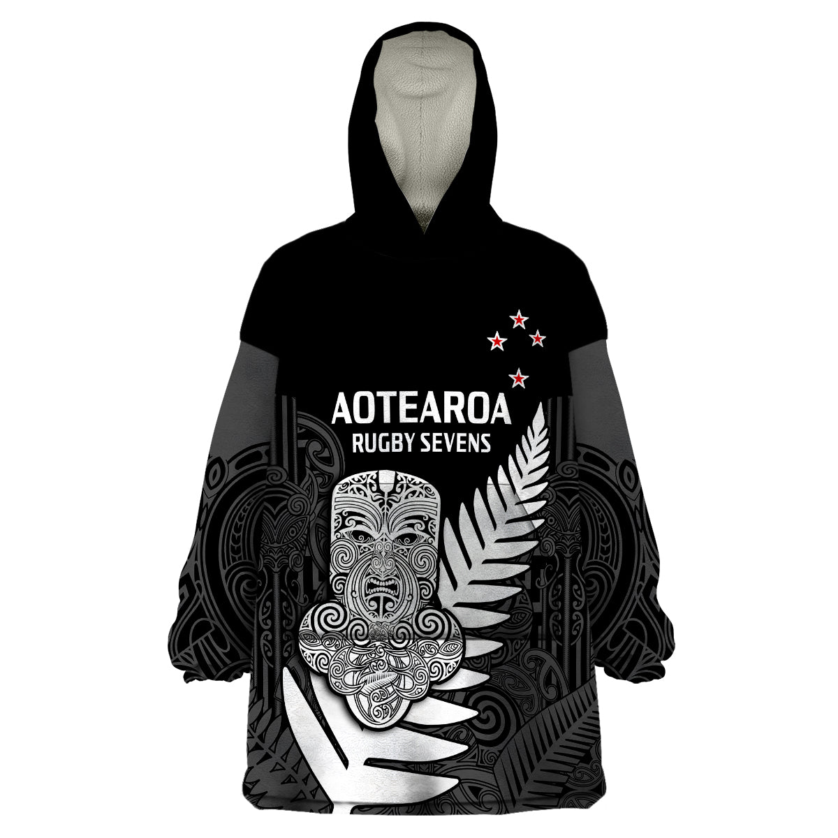 (Custom Text And Number) Aotearoa Rugby Sevens All Black Tiki Fern Wearable Blanket Hoodie - Vibe Hoodie Shop