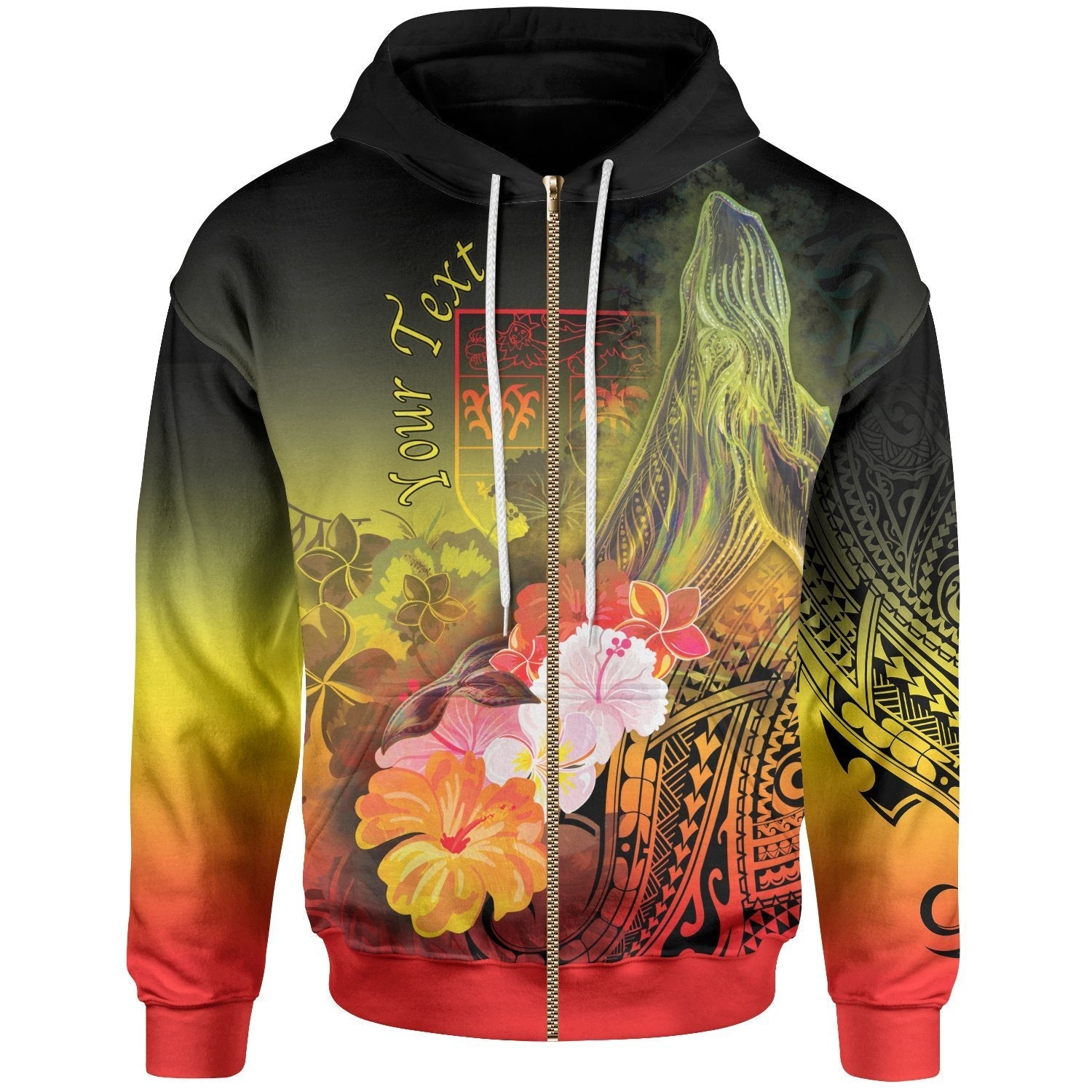 Fiji Custom Personalised Zip - Up Hoodie - Humpback Whale with Tropical Flowers (Yellow) - Vibe Hoodie Shop