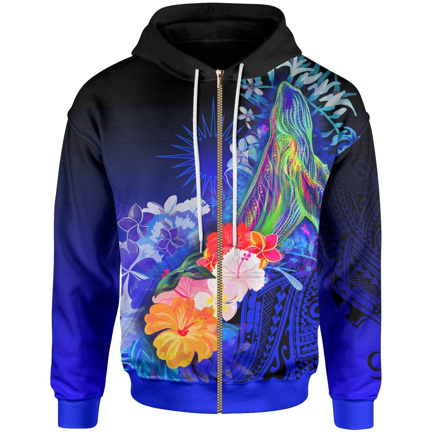 Marshall Islands Zip - Up Hoodie - Humpback Whale with Tropical Flowers (Blue) - Vibe Hoodie Shop