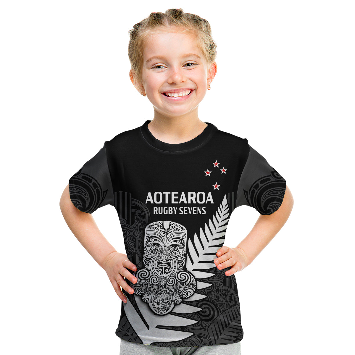 (Custom Text And Number) Aotearoa Rugby Sevens All Black Tiki Fern Kid T Shirt - Vibe Hoodie Shop