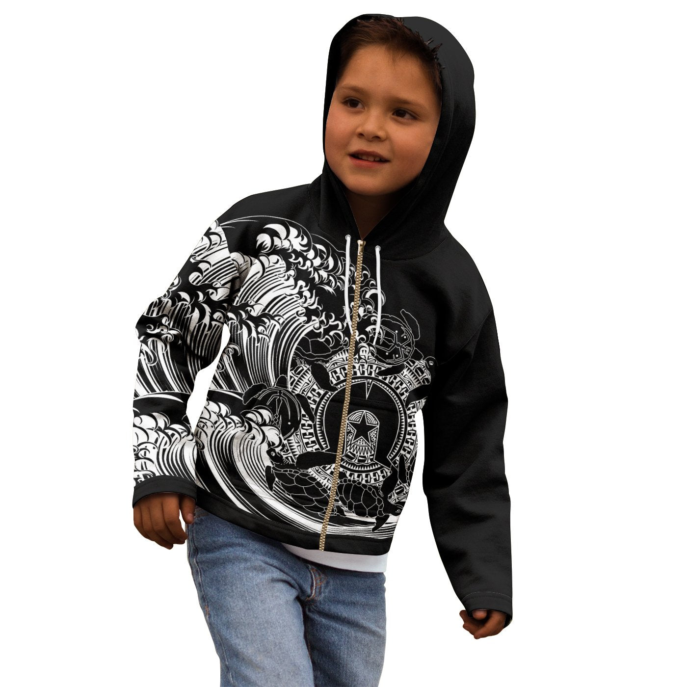 Aboriginal Kid Zip - Up Hoodie, Torres Strait Islands in Wave (Black) - Vibe Hoodie Shop