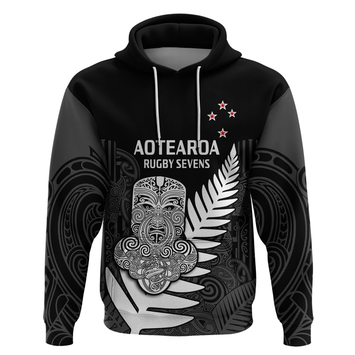 (Custom Text And Number) Aotearoa Rugby Sevens All Black Tiki Fern Hoodie - Vibe Hoodie Shop
