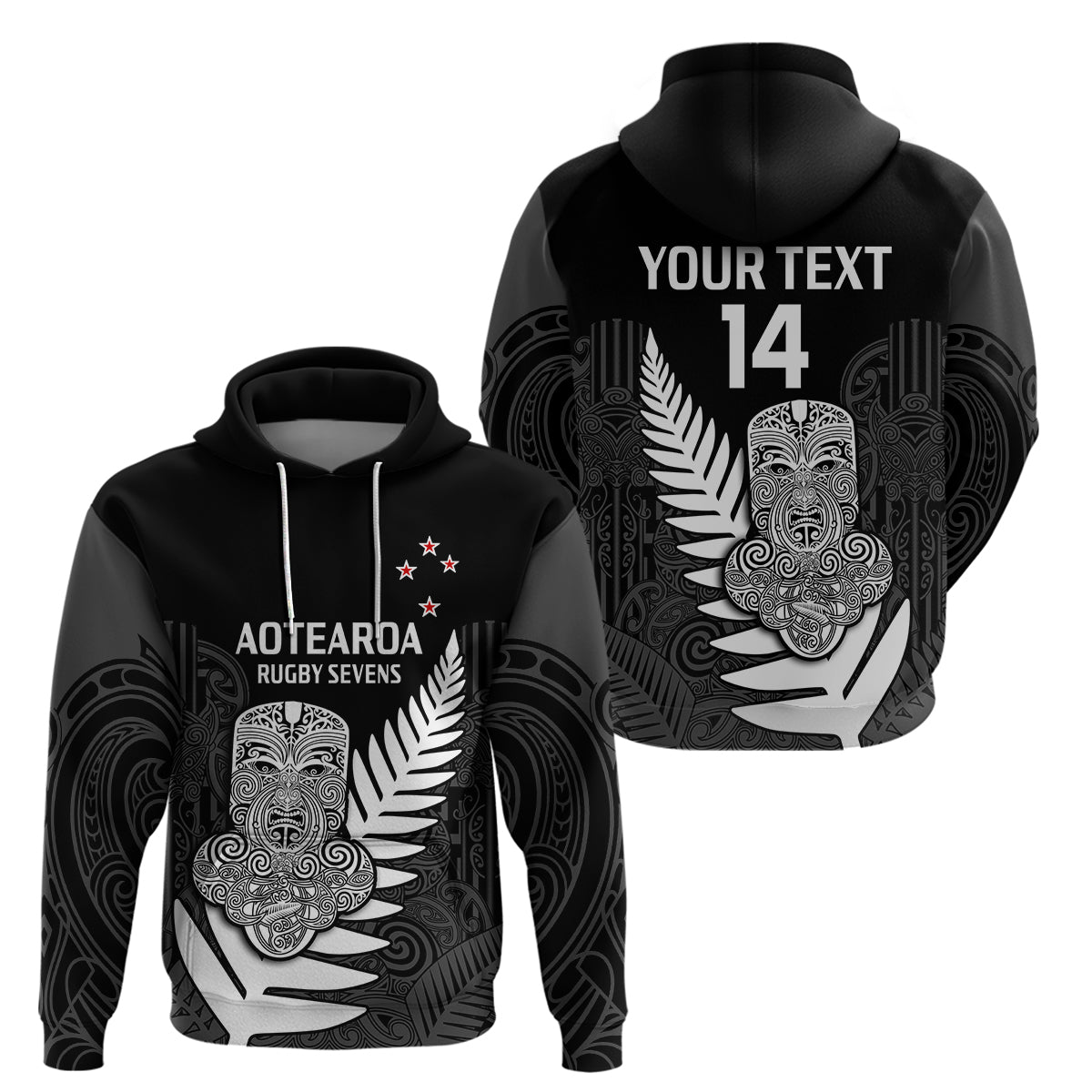 (Custom Text And Number) Aotearoa Rugby Sevens All Black Tiki Fern Hoodie - Vibe Hoodie Shop