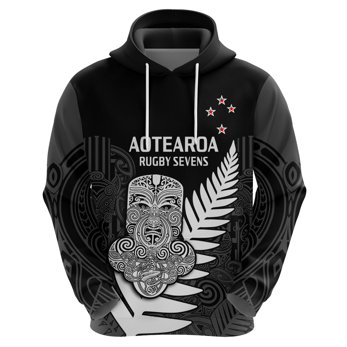 (Custom Text And Number) Aotearoa Rugby Sevens All Black Tiki Fern Hoodie - Vibe Hoodie Shop