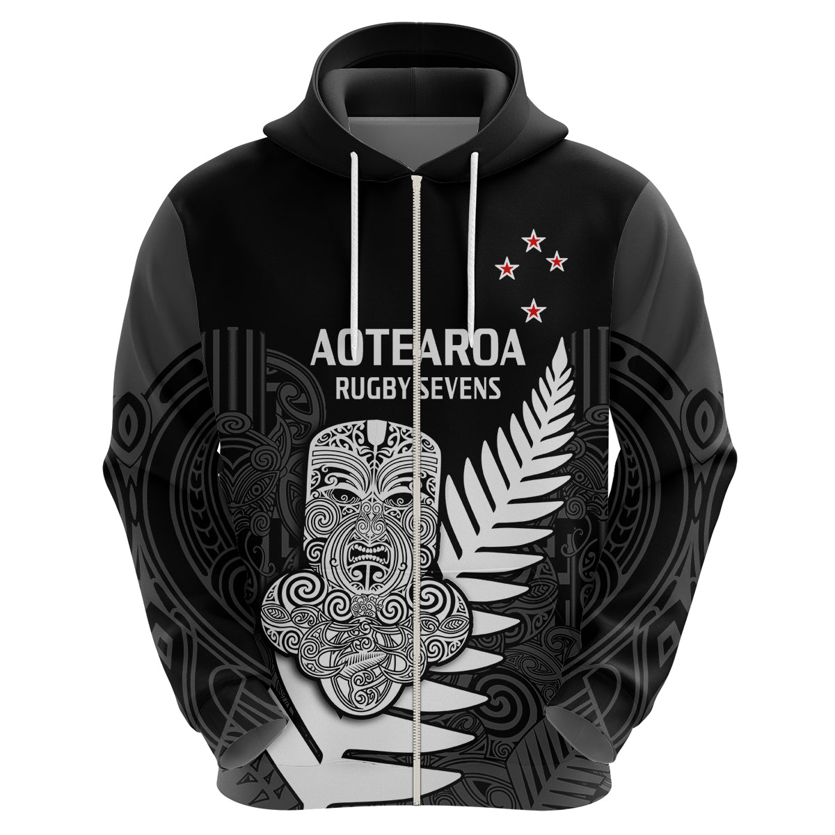 (Custom Text And Number) Aotearoa Rugby Sevens All Black Tiki Fern Hoodie - Vibe Hoodie Shop